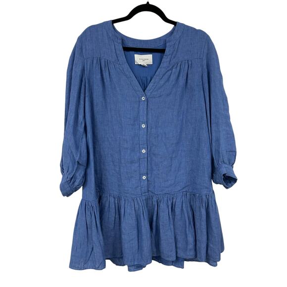 Pomander Place Lake Blue Linen Blend Split Neck Frankie Dress Womens Small - Picture 2 of 5